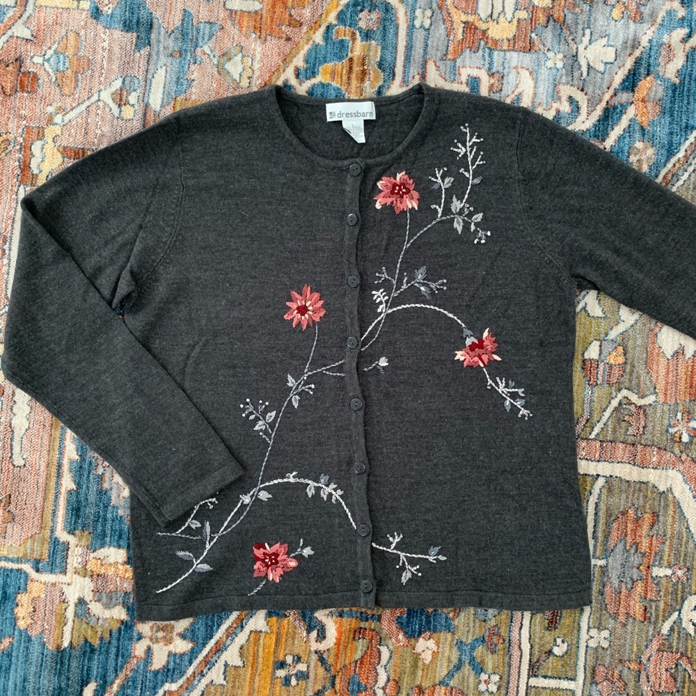 ☆Dressbarn Charcoal Floral Embroidered Button-Front Sweater